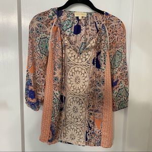Lucy & Laurel Bohemian coral blue crochet lace blouse top Women’s size XS